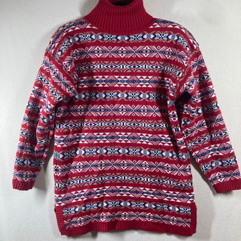 Vtg Hasting & Smith Women's Fairisle Turtleneck‎ Sweater Sz Med Red Acrylic